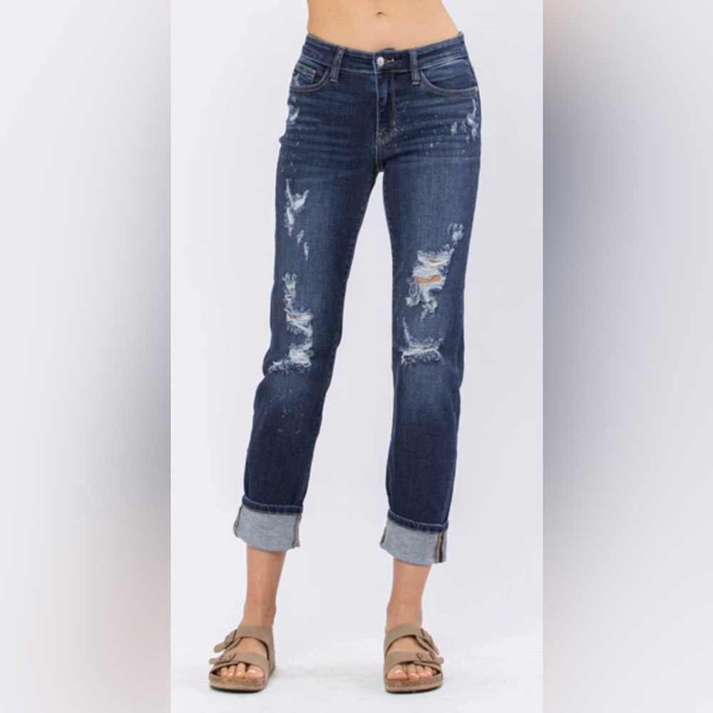 Judy Blue |  Marsha Midrise Boyfriend Bleach Splash Striped‎ Jean | Size 5/27